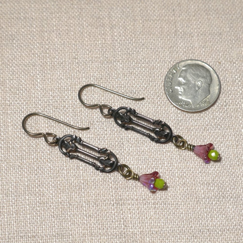 Hand Crafted Handmade Earrings Arts & Crafts Style Brass Pink Bell Flowe… - Picture 3 of 4